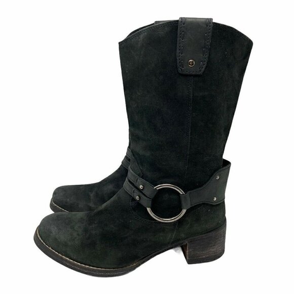 Johnston & Murphy Womens Motorcycle Boots Black Leather Block Heels Pull On 7.5 - Picture 2 of 9